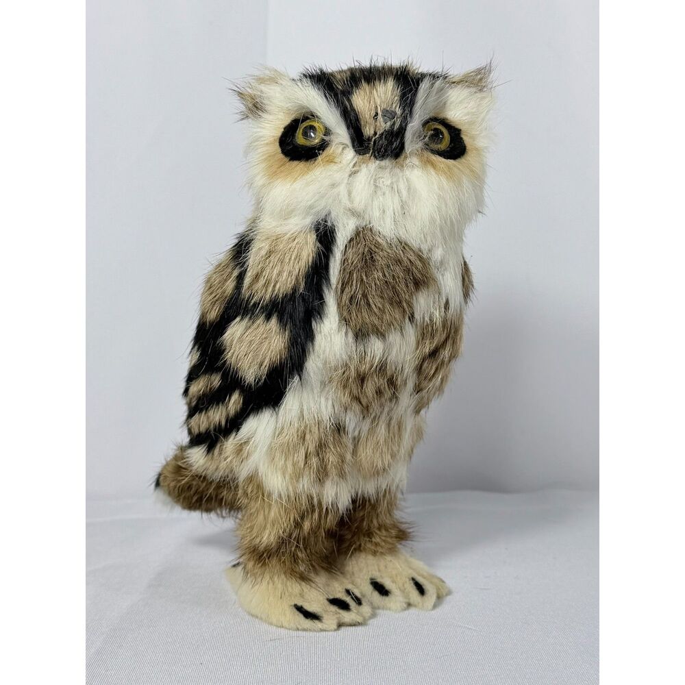 Vintage Fur Owl Spotted Standing Textured Handmade Bird Lover 1970s Mid Century
